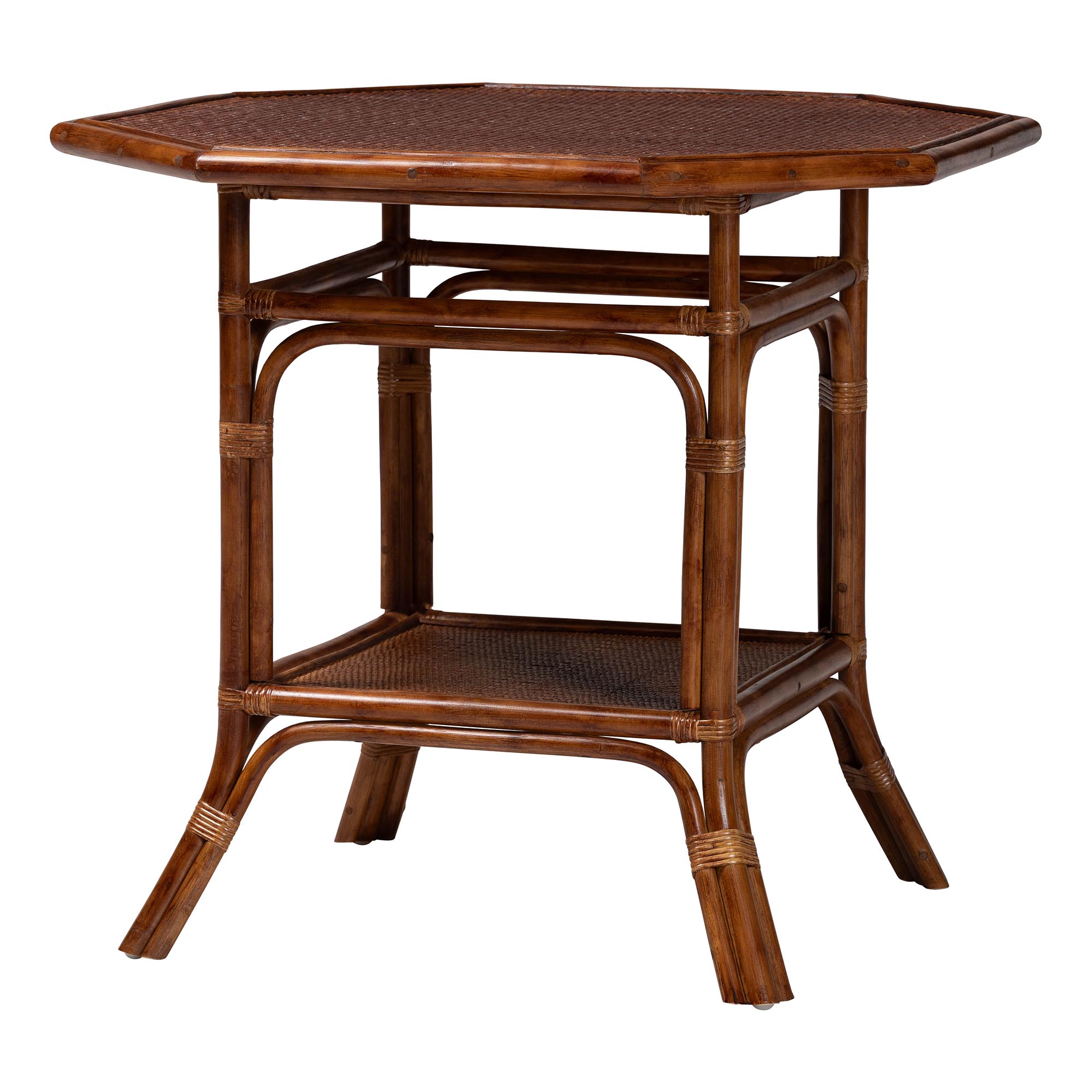 bali & pari Jayanti Marbled Tortoise Natural Rattan Dining Table - Handwoven Wicker Bistro Table with Open Shelf
